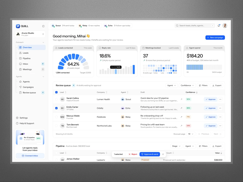 Quill AI sales outreach dashboard concept